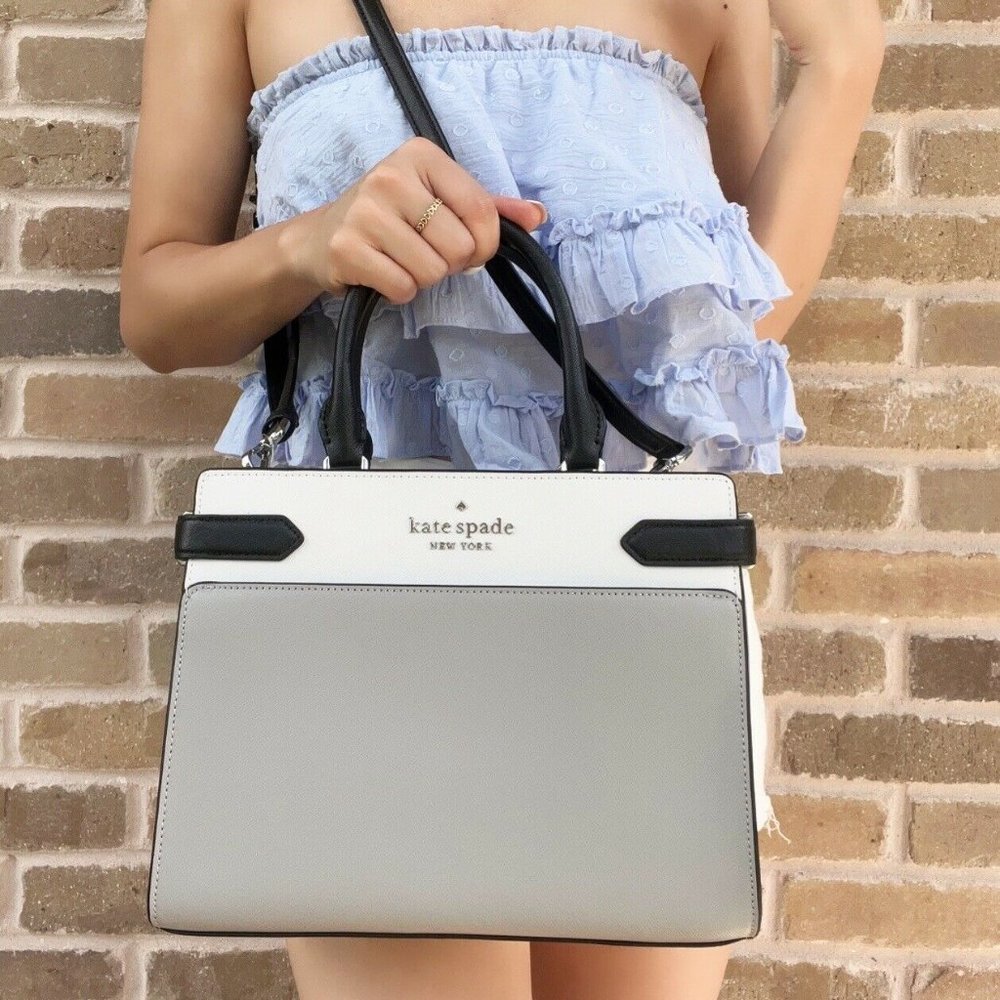 Kate Spade Staci Medium Top Zip Satchel Crossbody Colorblock Grey White Black - Picture 3 of 6